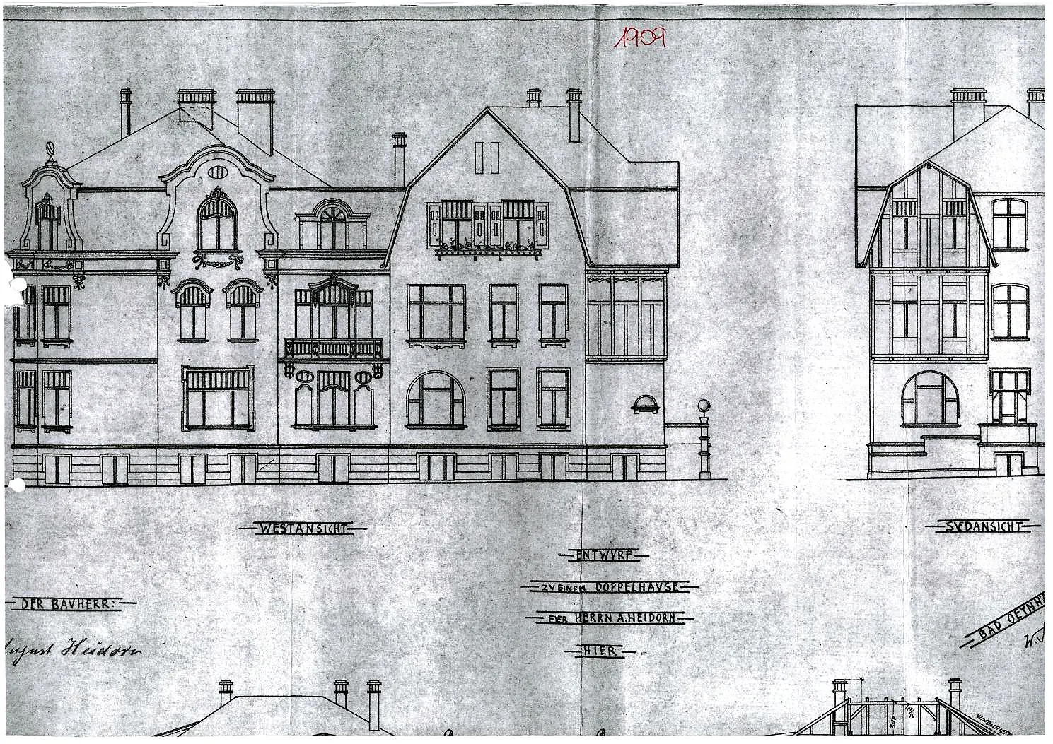 Historischer Bauplan der Villa Valentino von 1909 – Ansichten und Schnitt, handgezeichnet