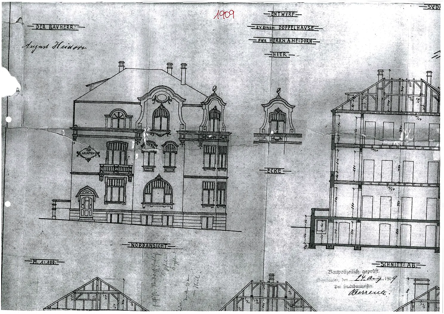 Historischer Bauplan der Villa Valentino von 1909 – Fassadenansicht, handgezeichnet