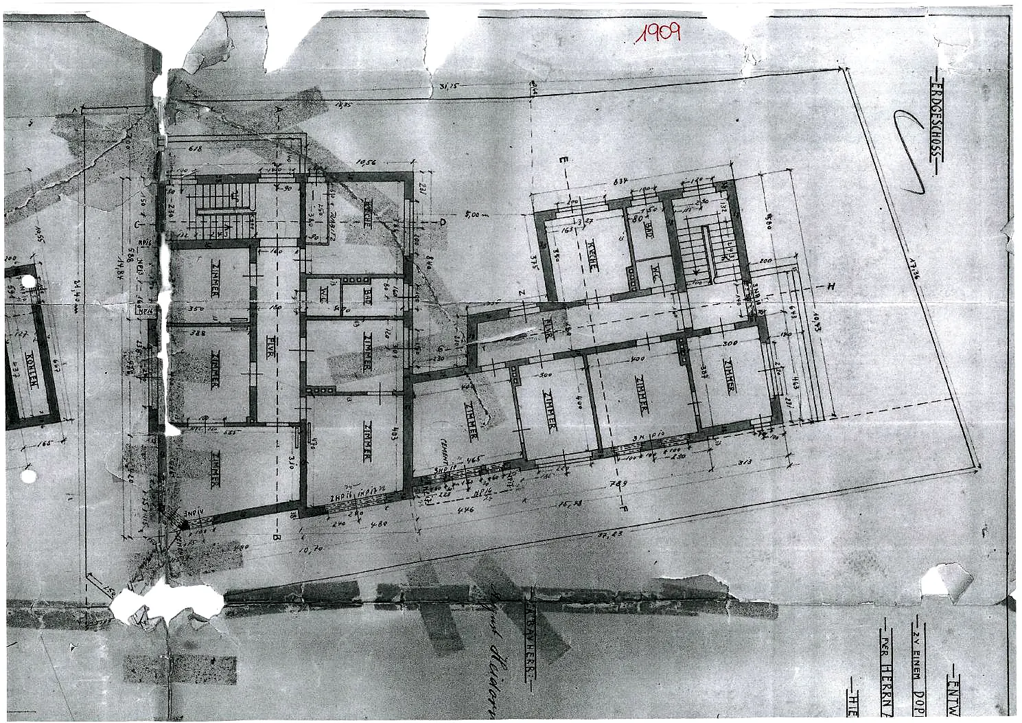 Historischer Bauplan der Villa Valentino von 1909 – Straßenansicht und Grundriss, handgezeichnet