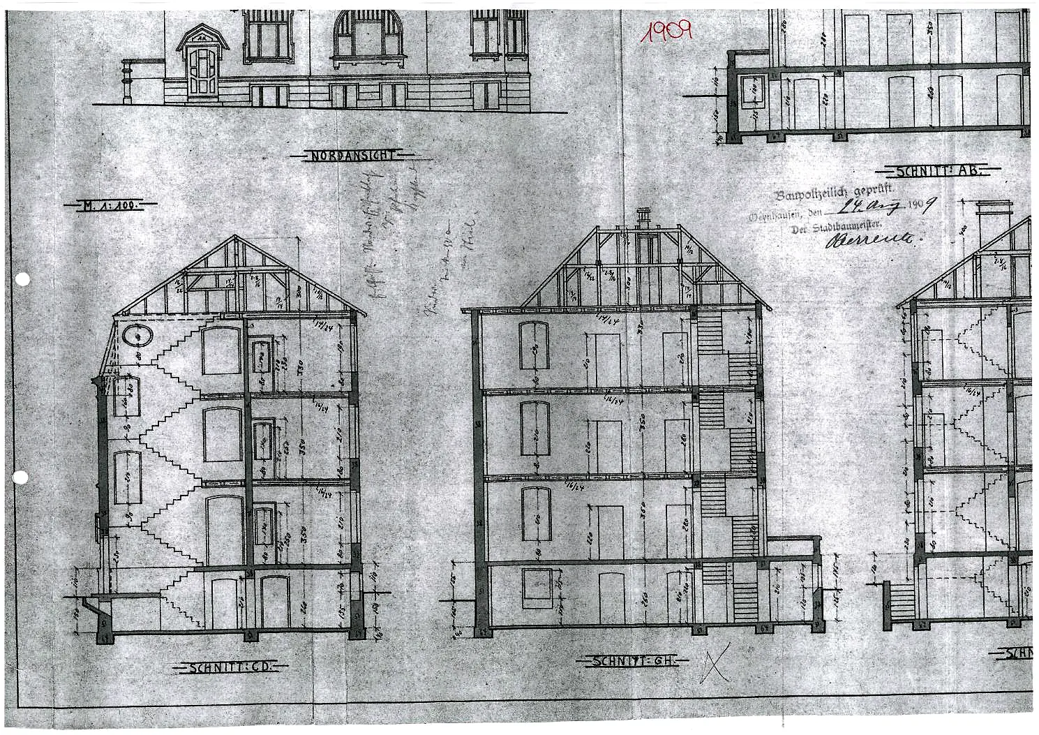 Historischer Bauplan der Villa Valentino von 1909 – Schnitte, handgezeichnet